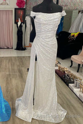 Blue Sequin Off-the-Shoulder Mermaid Long Evening Prom Dresses with Slit